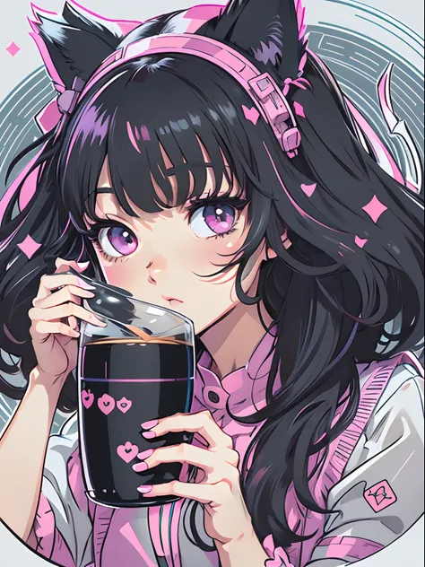 Sticker, Cute anime girl head, Long black hair style,Deep purple eyes，Black cat ears, Lovely clothes， Drinking tea, in circle, White background, Bright pink, Simple, Ultra detailed, Detailed drawing, vectorised, Silhouette, 8K, professional sticker design,...