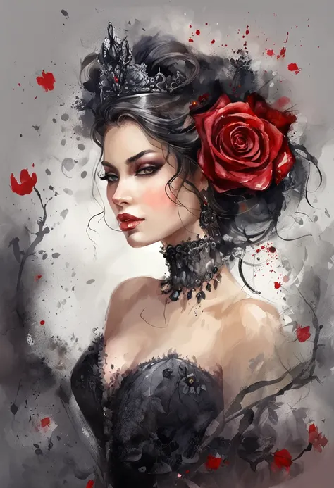 Dark Queen, in black suit dress, dark roses, Luxurious