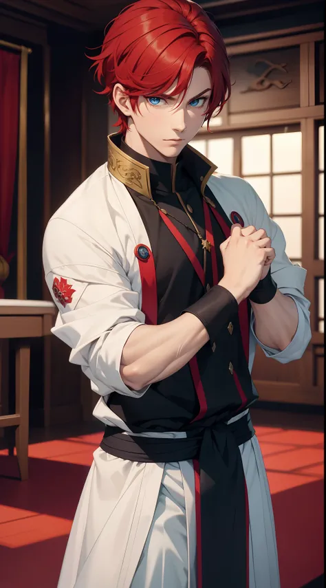 Young guy, short red hair, blue eyes, prince, martial arts, Masterpiece, hiquality