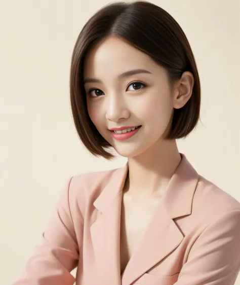 ((best quality, 8K, masterpiece: 1.3)), beautiful girl, pure, melon face, kind and cute, sweet smile, pure desire, slender body, (front), (tilted head), ((looking at camera) ) , wearing a pink suit, smooth black medium hair, long flowing shoulders, round b...