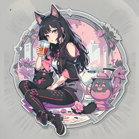 Sticker, Cute anime girl head, Long black hair style,Deep purple eyes，Black cat ears, cute clothing， Drinking tea, in circle, White background, Bright pink, Simple, Ultra detailed, Detailed drawing, vectorised, Silhouette, 8K, professional sticker design, ...