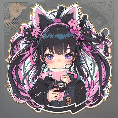 Sticker, Cute anime girl head, Long black hair style,Deep purple eyes，Black cat ears, cute clothing， Drinking tea, in circle, White background, Bright pink, Simple, Ultra detailed, Detailed drawing, vectorised, Silhouette, 8K, professional sticker design, ...