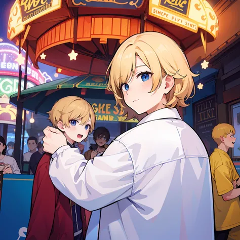 superfine illustration,Animated,1boy,man,Mans,gay,Yaoi,Guy,man,Mans,Short hair,Curly hair,Parted bangs,Blonde hair,Blue eyes,White skin,Amusement Park Dating