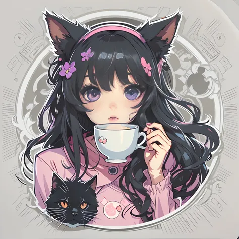 Sticker, Cute anime girl head, Long black hair style,Deep purple eyes，Black cat ears, cute clothing， Drinking tea, in circle, White background, Bright pink, Simple, Ultra detailed, Detailed drawing, vectorised, Silhouette, 8K, professional sticker design, ...