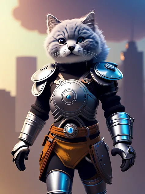 Super cute furry cat warrior in armor, realistic, 4K, super detailed, vray export, unrealistic engine, art style in the middle of slow journey in futuristic city