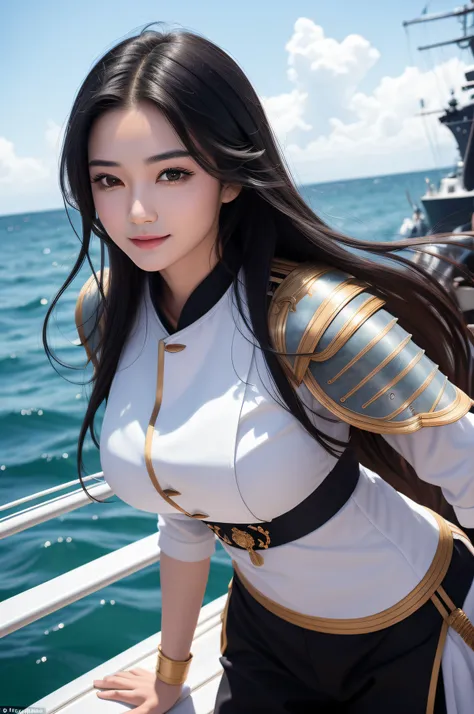 Kizi， an Quority， top-quality， big breasts beautiful， prette， The sheen，Stand on the deck of a warship， the sea，tmasterpiece，（（(naval uniform:1.8）） Long black hair，The eyes are sharp and affectionate，Heroic brushing，A sweet smile，Fighting posture，（（（full a...