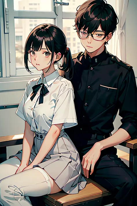 Male and female couples　Girl sitting on a chair wearing a tight skirt over a blouse。Boy hugging from behind。Boy in high school long pants uniform with mash cut hairstyle。Without glasses、Boys provocative gaze、The girl has a shy face