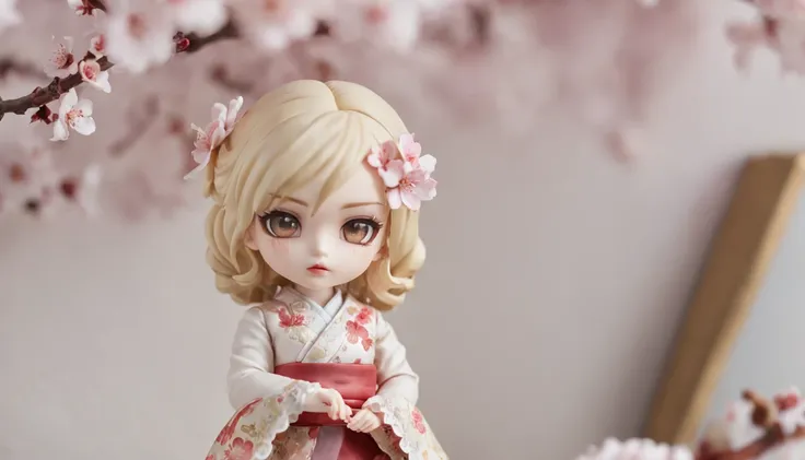 Doll standing in front of the painting, blonde, angry face, Sengai, pixiv, rococo, dolfie dream, watercolor Nendoroid, (high definition figure), flowing cherry colored silk, nendroid, highly_detailed!!, cherry blossom petals, flowing cherry blossom silk, s...