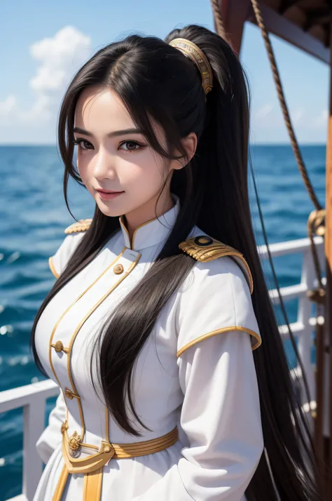 Kizi， an Quority， top-quality， big breasts beautiful， prette， The sheen，Stand on the deck of a warship， the sea，tmasterpiece，（（(naval uniform:1.8）） Long black hair，The eyes are sharp and affectionate，Heroic brushing，A sweet smile，Fighting posture，（（（full a...