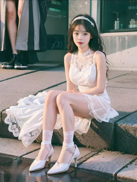 (full body:1.5)，(1girl:1.3),(view the viewer:1.4)，(anatomy correct:1.3),(Sitting on the sea:1.2),(A pure White lace dress :1.2),( girl pointed thick heels and White lace calf socks :1.1)，(Accurate and perfect face:1.3),hyper HD, Ray traching, reflective li...