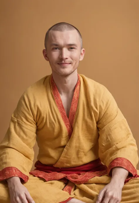 masterpiece, photograph of  Chris Evans sitting in meditating pose with eyes open, 1Male, monks clothes, medium to top body picture,  yellow and red checker pattern full body closed robes, (high detail:1 1), smiling face, both hand in front of the chest cl...