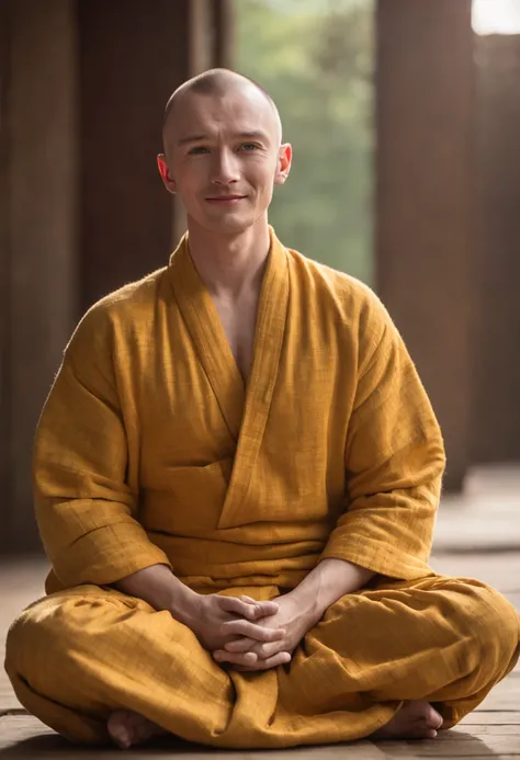 masterpiece, photograph of  Chris Evans sitting in meditating pose with eyes open, 1Male, monks clothes, medium to top body picture,  yellow and red checker pattern full body closed robes, (high detail:1 1), smiling face, both hand in front of the chest cl...