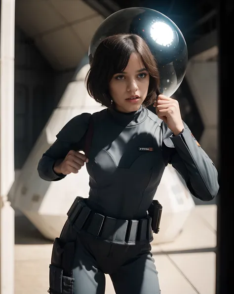 Photo of jortega in a stormtrooper uniform punching an Ewok, solo, blue eyes, reverse bob haircut, hyper detailed, looking at viewer, hourglass body, muscular, warm atmosphere, photograph, photoshoot, Captured by Panavision Panaflex Platinum Camera with Pa...