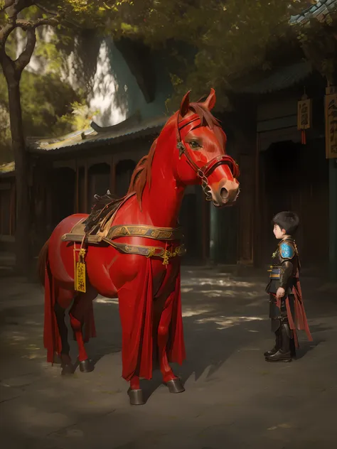 ((brown horse)),chinese boy samurai in red armor，realiy，8k,