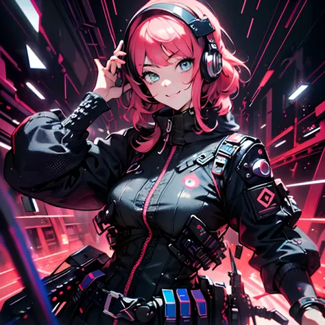 ((cyberpunk)),optical camouflage、headphone jack、Neon light、cidade do futuro、Shiny jumpsuit、(1girl em, sozinho:1.6),(sorriso bonito),(The clothes are simple), (Melhor Impacto:1.5), (maximalismo:1.7), Vivid contrast, (Realistic), Hyperrealistic illustrations...