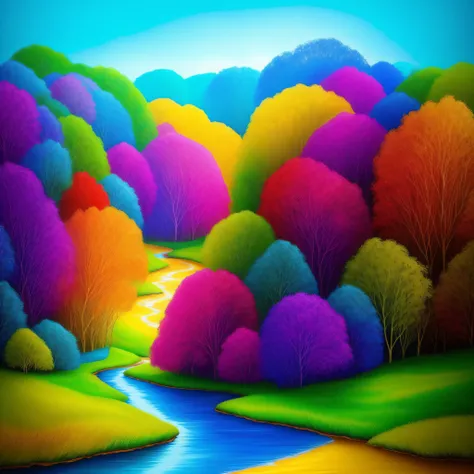 a painting of a colorful forest with a river and trees, arte conceitual colorida, intricate rainbow environment, cores do bipe, whimsical fantasy landscape art, Floresta dos Doces, psychedelic forest, Arte digital altamente detalhada em 4k, cores surreais,...