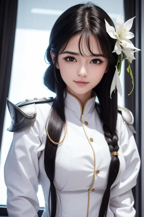 Kizi， an Quority， top-quality， big breasts beautiful， prette， The sheen，On warships， tmasterpiece，white naval uniform， Long black hair，The eyes are sharp and affectionate，Brush your teeth heroically，A sweet smile，Fighting posture，（（（guns，full armour：1.8）））...