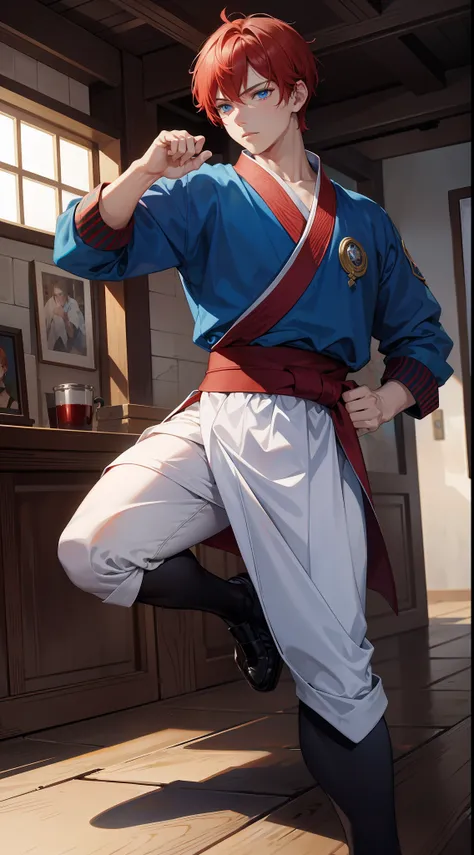 Young guy, short red hair, blue eyes, prince, martial arts, Masterpiece, hiquality