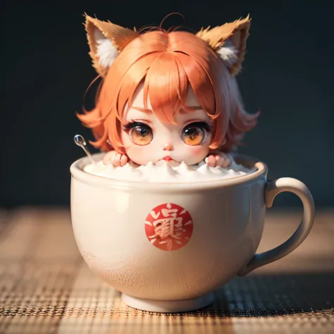 Cute chibi anime, wear red kimono, drink tea, logo