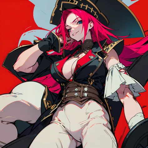 (top-quality), (​masterpiece), (hight resolution), (8K), (Extreme Detail), (beautiful detail), (Detailed face), FDSTG1,Pink hair、The long-haired、blue eyess、Black Pirate Hat((Raking up your hair、One hand is on his hip)), (Vicious look、Vulgar smile), suggest...