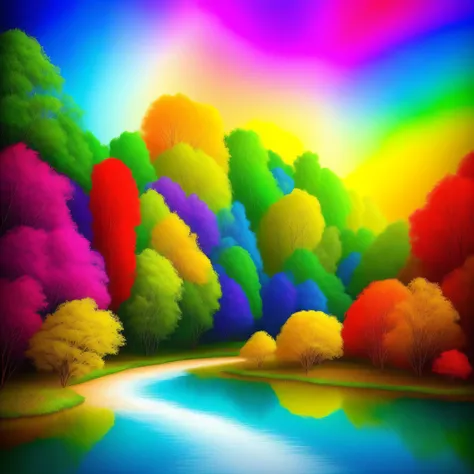 a painting of a colorful forest with a river and trees, arte conceitual colorida, intricate rainbow environment, cores do bipe, whimsical fantasy landscape art, Floresta dos Doces, psychedelic forest, Arte digital altamente detalhada em 4k, cores surreais,...