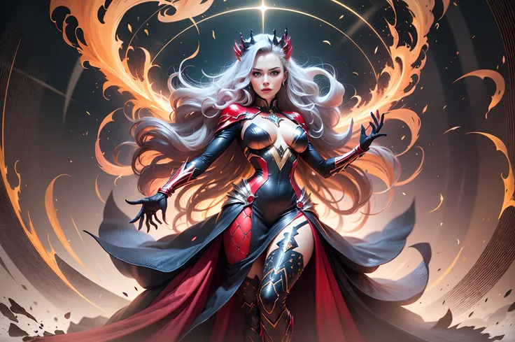 Scarlet Witch and Phoenix Force Fusion, full body, Sexy body, scarlet dress costume with silver details, long slightly wavy hair, glowing red eyes, red creation powers in hands, chaos, red crown, realistic, hyperdetailed, 8K, Ultra HD --auto --s2