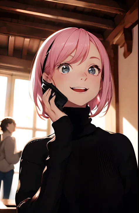 absurderes, hight resolution, ultra-detailliert, Stubborn lighting, Look up and talk on the phone, brilliance, ​masterpiece, top-quality, 1girl in, Pink shorthair,Black sweater,Laugh