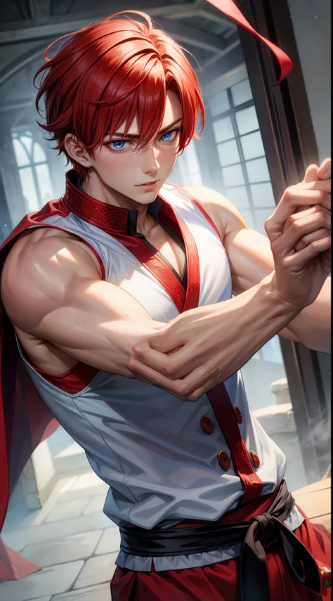 Young guy, short red hair, blue eyes, prince, martial arts, Masterpiece, hiquality