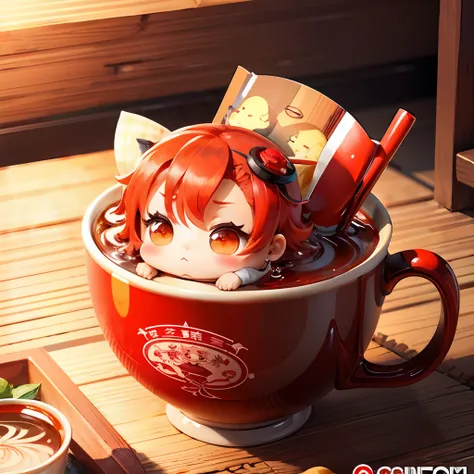 Cute chibi anime in a cup, wear red kimono, drink tea, logo