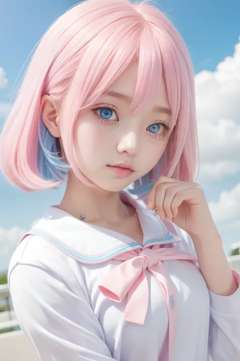 light pink colored hair，Powder-blue pupils，Wear a school uniform with a combination of pink and blue，Milky loli，super beautifulgirl