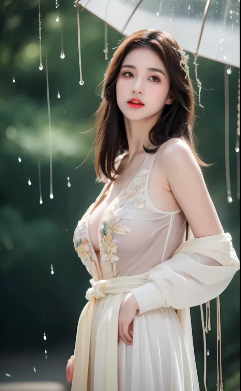 ((Best Quality, 8k, Masterpiece: 1.3)), Focus: 1.2, Perfect Body Beauty: 1.4, Buttocks: 1.2, ((Layered Haircut)), (Wet Clothes: 1.1), (Rain, Street:1.3), (Breasts: 1.2), (Hanfu: 1.2), Bare Shoulders, Bare Legs, Highly Detailed Face and Skin Texture, Fine E...