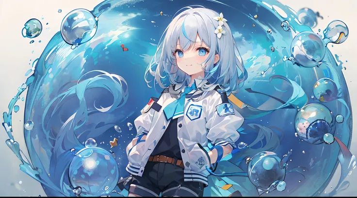 ((top-quality)), ((​masterpiece)), ((ultra-detailliert)), (extremely delicate and beautiful), girl with, 独奏, cold attitude,((Black jacket)),She is very(relax)with  the(Settled down)Looks,A dark-haired, depth of fields,evil smile,Bubble, under the water, Ai...