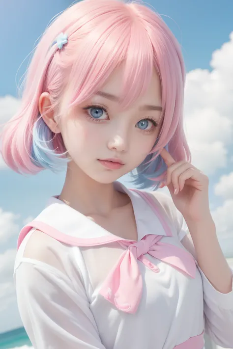 light pink colored hair，Powder-blue pupils，Wear a school uniform with a combination of pink and blue，Milky loli，super beautifulgirl