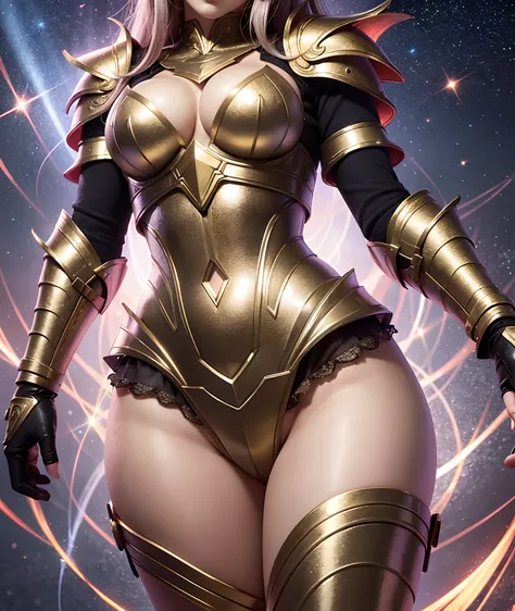 Ultra-high saturation，（tmasterpiece）， fully body photo，（best qualtiy）， （1girll）， starryskybackground，Wearing shiny gold armor， Sexy lingerie type armor，Expose your chest，Expose the waistline，Exposing thighs，cool-pose， Saint Seiya Armor， messy  hair，high de...