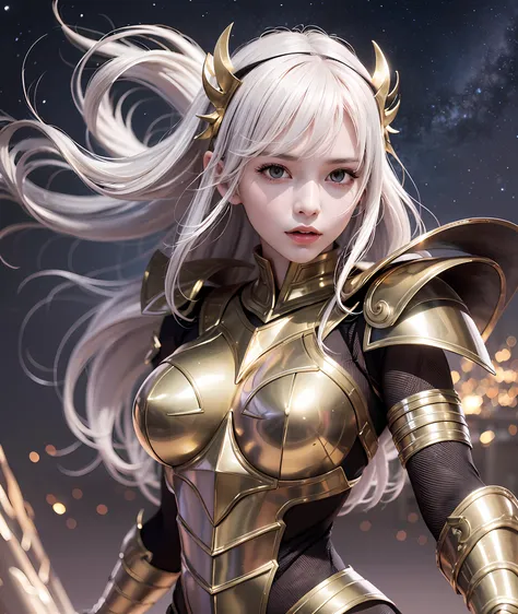 Ultra-high saturation，（tmasterpiece）， fully body photo，（best qualtiy）， （1girll）， starryskybackground，Wearing shiny gold armor， Sexy lingerie type armor，Expose your chest，Expose the waistline，Exposing thighs，cool-pose， Saint Seiya Armor， messy  hair，high de...