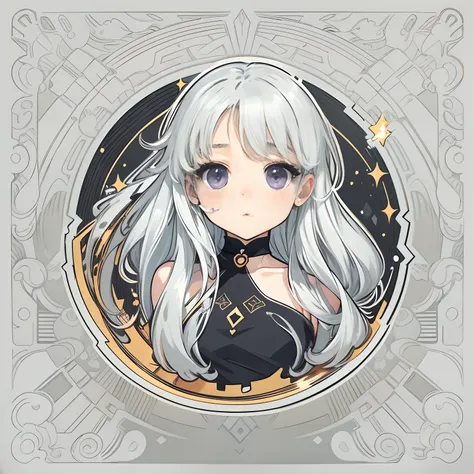 Sticker, Cute anime girl head, Long silver-white hair style,Deep purple eyes，lovely black dress，in circle, White background, Golden，Simple, Ultra detailed, Detailed drawing, vectorised, Silhouette, 8K, professional sticker design, Flat design, Vector lines...