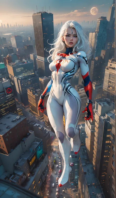 (​masterpiece、4K resolution、A hyper-realistic、ighly detailed)、(White Superhero Theme、Charisma、Theres a girl in a Spider-Man costume over town、Shes a superhero)、 [((25-years old)、(Long grey hair:1.2)、full bodyesbian、(blue eyess:1.2)、((Spider-Man pose)、show ...