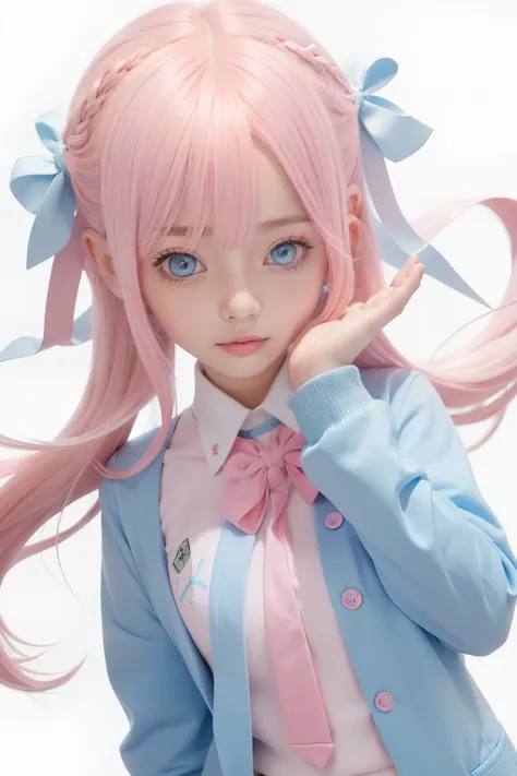 light pink colored hair，Powder-blue pupils，Wear a school uniform with a combination of pink and blue，Milky loli，super beautifulgirl