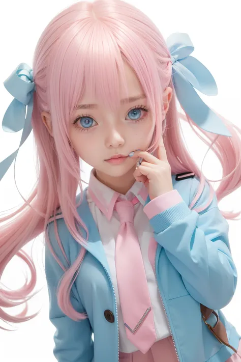 light pink colored hair，Powder-blue pupils，Wear a school uniform with a combination of pink and blue，Milky loli，super beautifulgirl