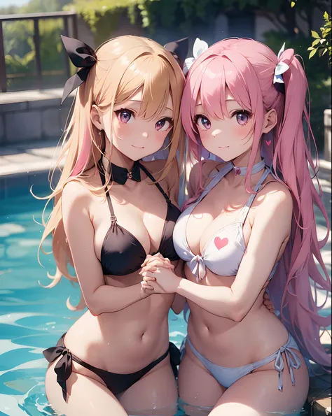 Two girls putting their hands on their chests、Super long hair、The bikini、blonde and pink hair、Create a heart shape with a heart-shaped effect for viewers):1.5、Pool on glittering background