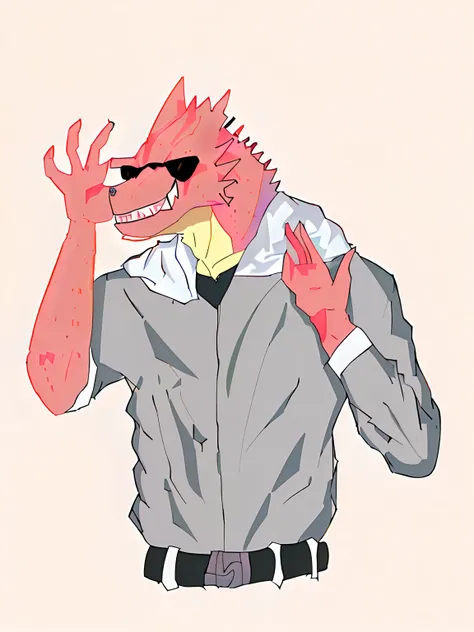 Anime characters gesture with red heads and glasses, From cryptid academia, lizardfolk, Half shark, crocodile, half human, as an anime character, inspired by Taiyō Matsumoto, human and dragon fusion, as an anthropomorphic dragon, in an anime style, Varguya...