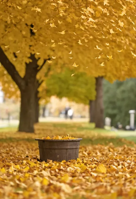 Official aesthetics，art of photography，An autumn scene，The picture should have the sky and the lawn，There are falling ginkgo leaves in the sky，Golden ginkgo biloba，falling leaf，There is a wooden coffee table in the center，Canon 5D，f2.8,70mm