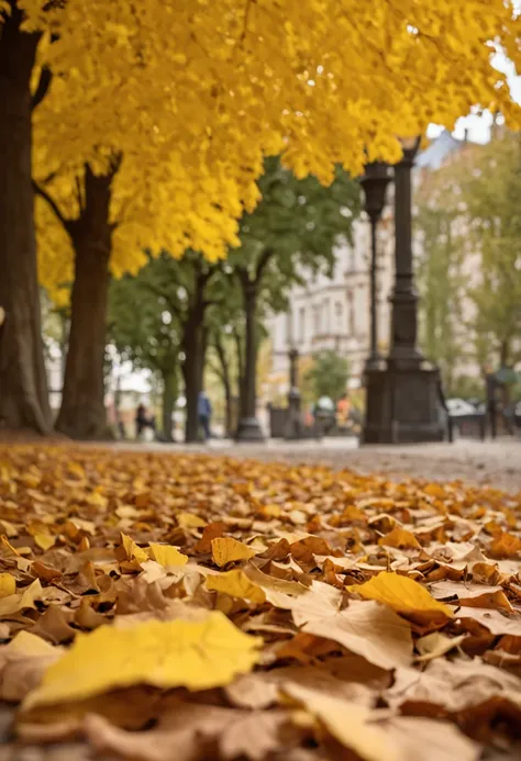 Official aesthetics，art of photography，An autumn scene，The picture should have the sky and the lawn，There are falling ginkgo leaves in the sky，Golden ginkgo biloba，falling leaf，There is a wooden coffee table in the center，Canon 5D，f2.8,70mm