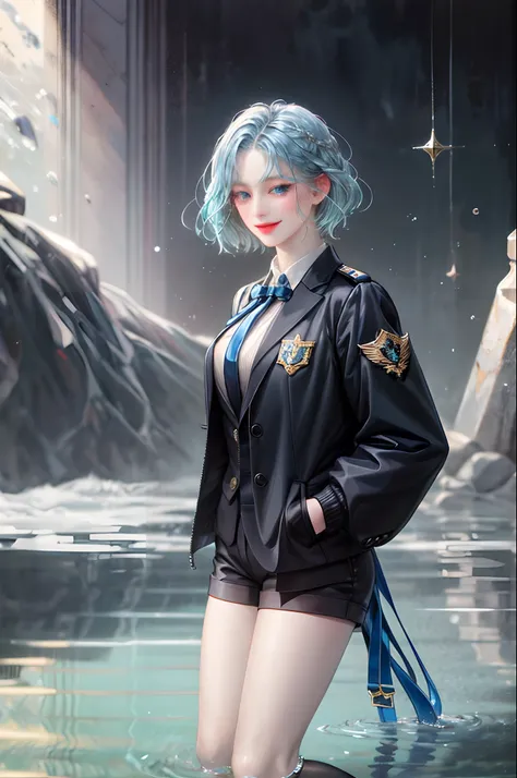 ((top-quality)), ((​masterpiece)), ((ultra-detailliert)), (extremely delicate and beautiful), girl with, 独奏, cold attitude,((Black jacket)),She is very(relax)with  the(Settled down)Looks,A dark-haired, depth of fields,evil smile,Bubble, under the water, Ai...