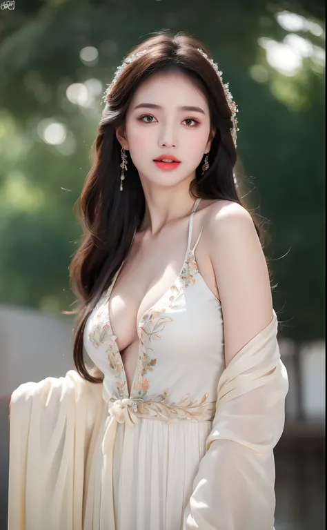 ((Best Quality, 8k, Masterpiece: 1.3)), Focus: 1.2, Perfect Body Beauty: 1.4, Buttocks: 1.2, ((Layered Haircut)), (Wet Clothes: 1.1), (Rain, Street:1.3), (Breasts: 1.2), (Hanfu: 1.2), Bare Shoulders, Bare Legs, Highly Detailed Face and Skin Texture, Fine E...