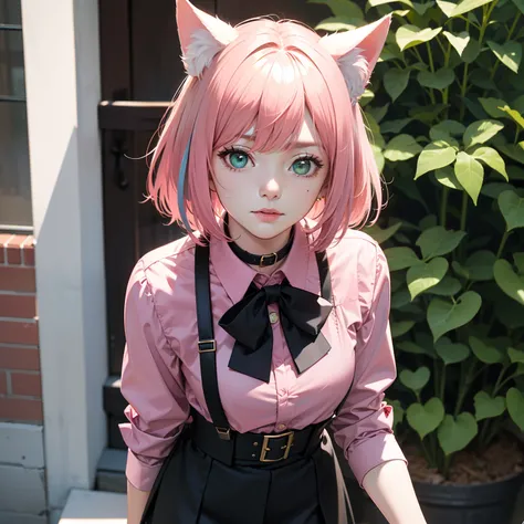 ((((detailed face)))),(Highest picture quality), (Masters work), (Detailed eye description), (8K wallpaper), (Summer plant room),cat girl,cat ears,(pink hair:1.25), short hair,(green eyes:1.23),(ringed eyes:1.1),((tareme)),medium_eyes,(light blue bowtie on...