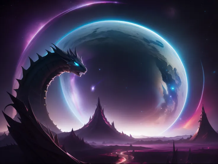 Dreamlikeart, gran dragon, Negro,  [luz, pintura, JWST, galaxia espiral, Cosmic horrors beyond comprehension: sombra, sombra,: 0,25], ojos, pupilas, Dublex, mountainous horizon, tierra, [fallo|control de datos]