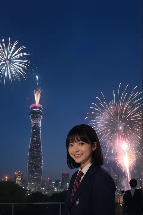 A smile、hi-school girl、校服、While doing fireworks、mare、Tokyo Skytree