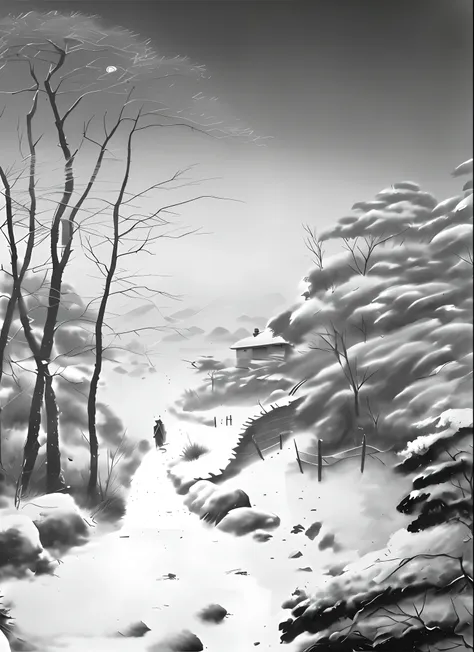 draw a picture with pedestrians、snowy view of the house and trees, inspired by ryōhei koiso, inspired by yoshihiko wada, drawn i...