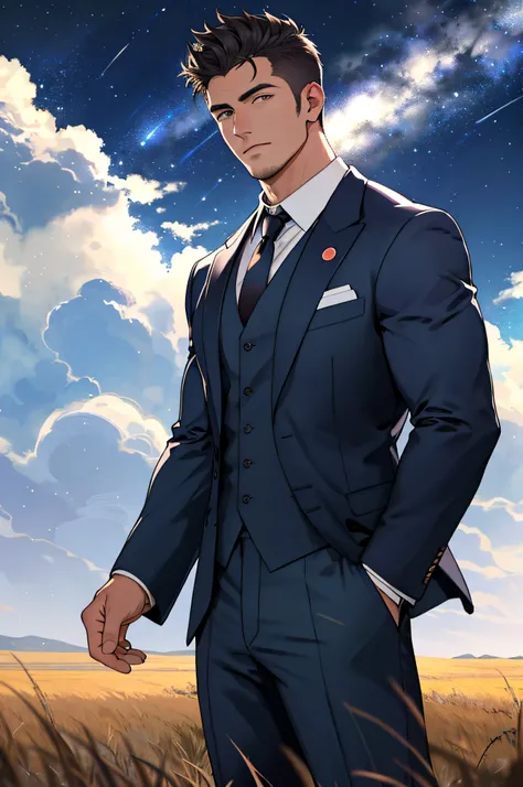 Draw a full-fledged footballer，Standing on the steppe at night，Quiet and comfortable background，He wears the same suit as the countrys president，The suit fits perfectly，Handsome face，eyes with brightness，The man looks confident and determined，looking-down，...